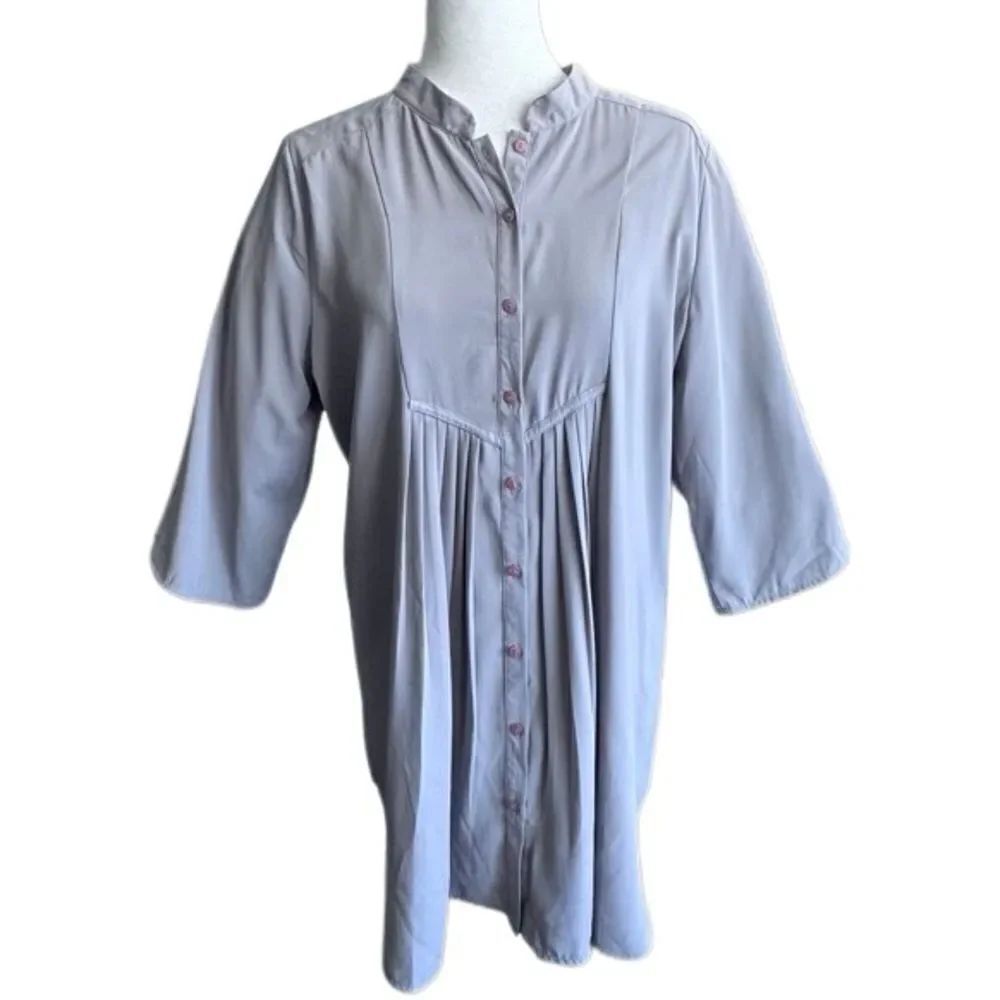 Susan Graver Blouse Gray Tunic Button Down Pintuck Shirt SZ M
